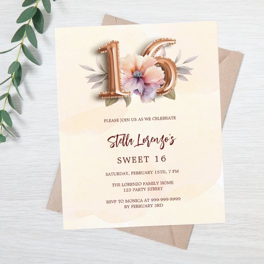 Papier Pêche rose or pêche floral Sweet 16 invitation bud