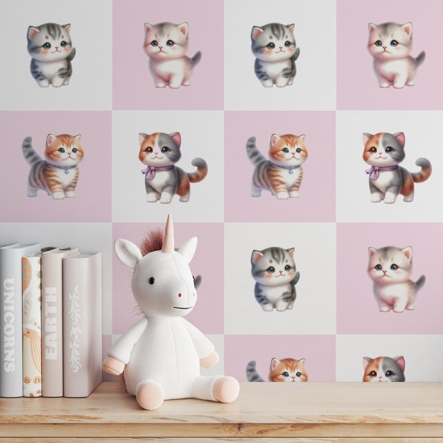 Papier Peint 4 Chatons Purfait en rose et blanc : Peel et bâton (4 Purrfect Kittens on Pink & White: Peel and Stick Wallpaper)