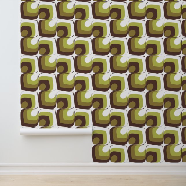 Papier Peint 70s Bold Modern Retro Ogee Motif in Greens (Application)