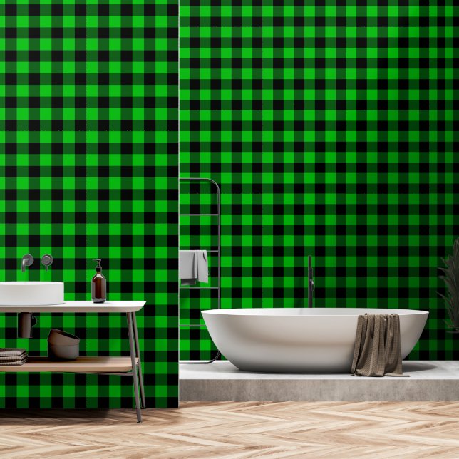 Papier peint à carreaux noir et vert (Salle de bain)