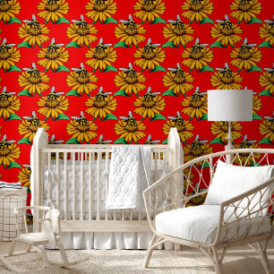 Papier Peint Abeille sur motif de fleur de tournesol rouge