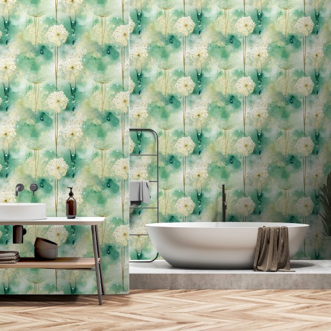 Papier Peint Abstrait blanc vert floral (Salle de bain)
