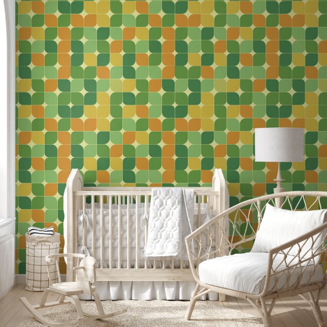 Papier Peint Abstrait Milieu de Siècle Vert Orange Jaune (Enfants)