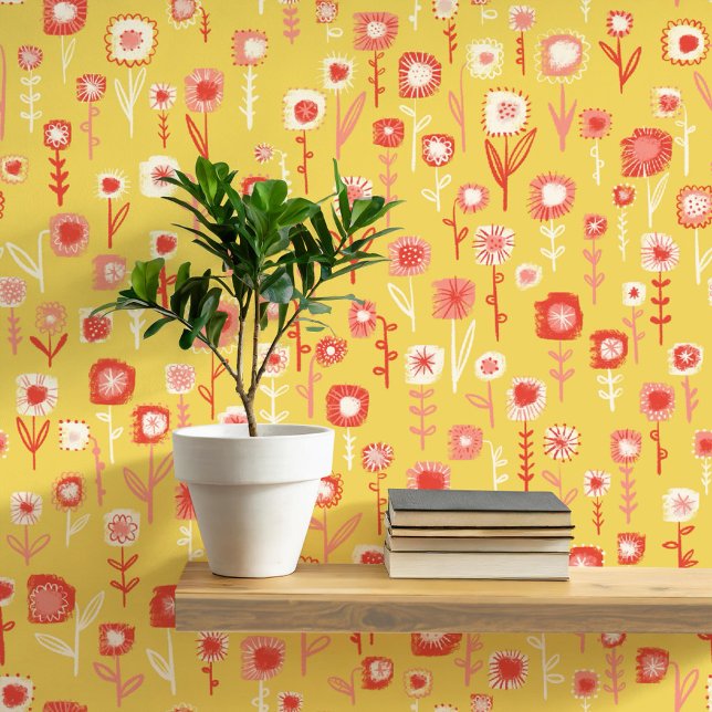 Papier Peint Amusant Retro Yellow Floral Patal (Retro yellow and pink floral ditsy fun peel and stick wallpaper)