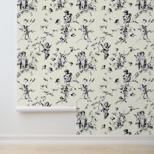 Papier Peint Anges Cupid Vintage Floral Toile Noir Blanc