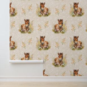 Papier Peint Animaux de ferme Baby Horse Floral à la crème