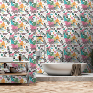 Papier Peint Animaux sauvages colorés et Motif Feuille Tropical
