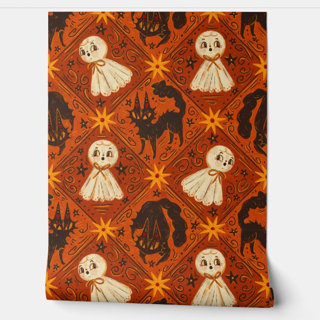 Papier Peint Antique Halloween Ghost & Black Cats Arlequin (Déroulement)