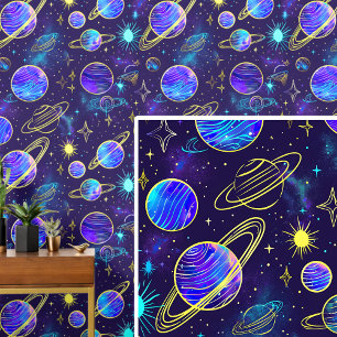 Papier Peint Aqua Purple Gold Planet dans le ciel bleu foncé