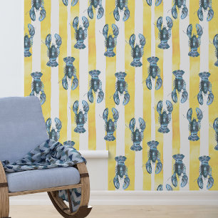 Papier Peint Aquarelle bleu marine Homard Bleu Bande jaune