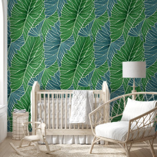 Papier Peint Aquarelle Bleu Vert Turquoise Tropical Feuille Mot