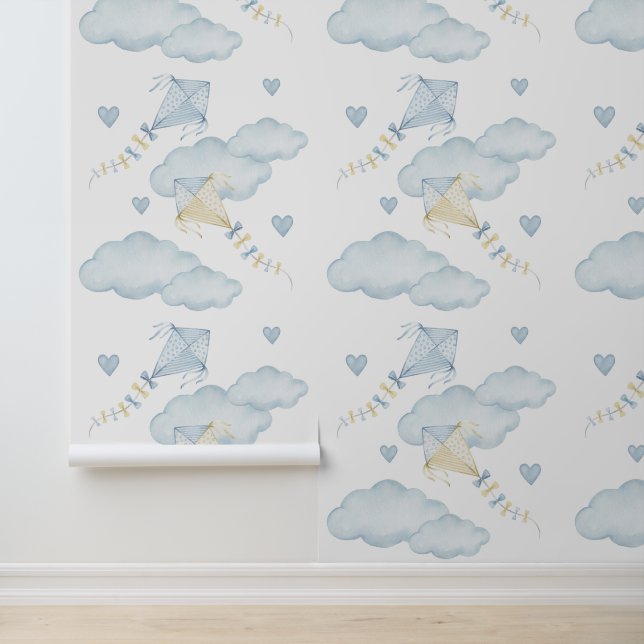 Papier Peint Aquarelle Blue Kites Nuages Baby Boy Nursery (Application)