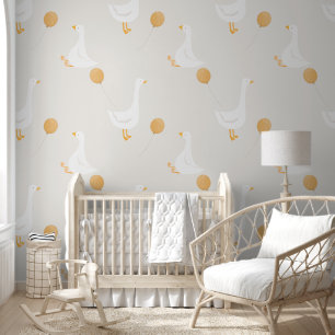 Papier Peint Aquarelle Boho Goose Balloon Blanc Beige Nursery