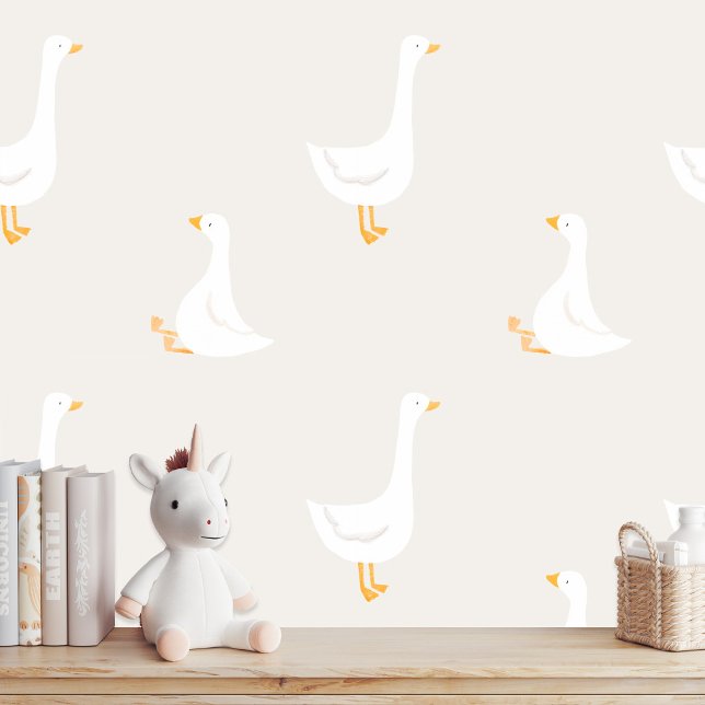 Papier Peint Aquarelle Boho Goose Duck Blanc Beige Nursery (Créateur téléchargé)
