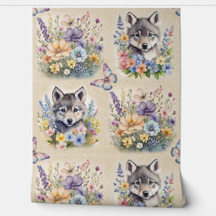 Papier Peint Aquarelle Bois Animal Wolf Floral Papillon
