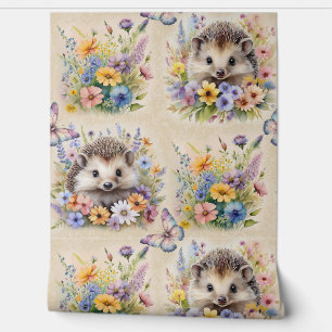 Papier Peint Aquarelle Bois Animaux Hérisson Fleur sauvage