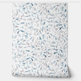 Papier Peint Aquarelle botanique gris bleu feuilles sur blanc