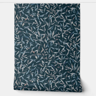 Papier Peint Aquarelle botanique gris bleu feuilles sur bleu fo