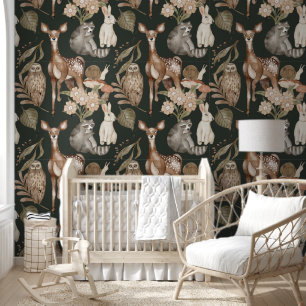 Papier Peint Aquarelle de la forêt foncée Deer & Green Wallpape
