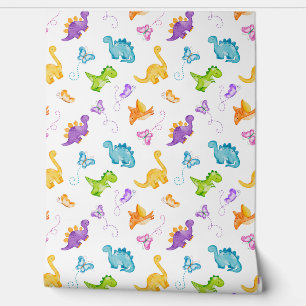 Papier Peint Aquarelle Dinosaure Dino Papillon Bébé Fille