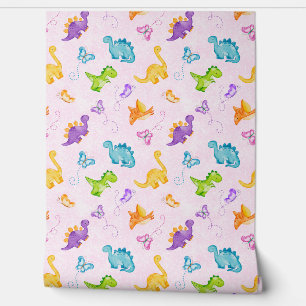 Papier Peint Aquarelle Dinosaure Dino Papillon rose bébé fille