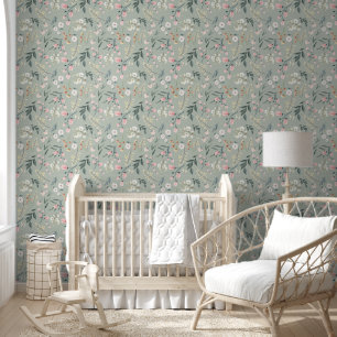 Papier Peint Aquarelle douce Pastel Vert Floral