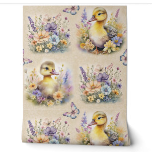 Papier Peint Aquarelle ferme animal bébé canard papillon floral