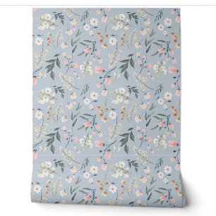 Papier Peint Aquarelle florale bleu pastel doux