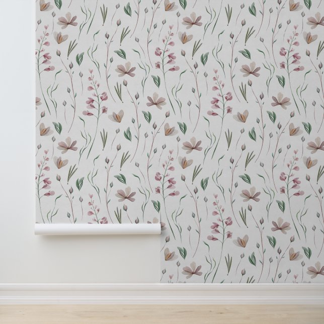 Papier Peint Aquarelle Florale Botanique Rose Vert Pastel (Application)