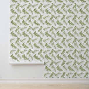 Papier Peint Aquarelle frondes d'hiver vert olive blanc