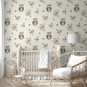 Papier Peint Aquarelle mignonne Oiseaux de bois Boho Nursery