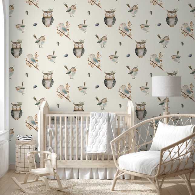 Papier Peint Aquarelle mignonne Oiseaux de bois Boho Nursery (Enfants)
