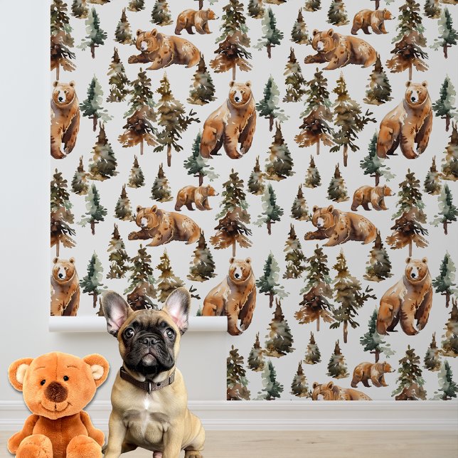 Papier Peint Aquarelle mignonne Ours Forêt de bois (Créateur téléchargé)