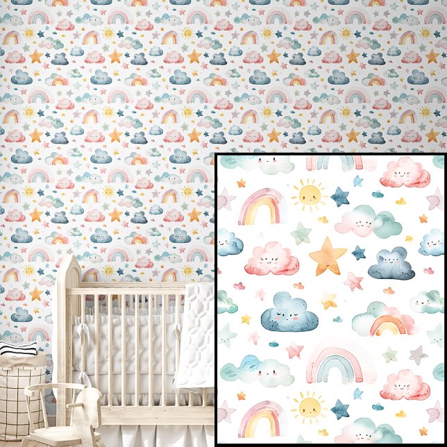 Papier Peint Aquarelle mignonne rose vert bleu arc-en-ciel Étoi (Créateur téléchargé)