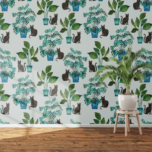 Papier Peint Aquarelle noir Chat Monstera Houseplant bleu