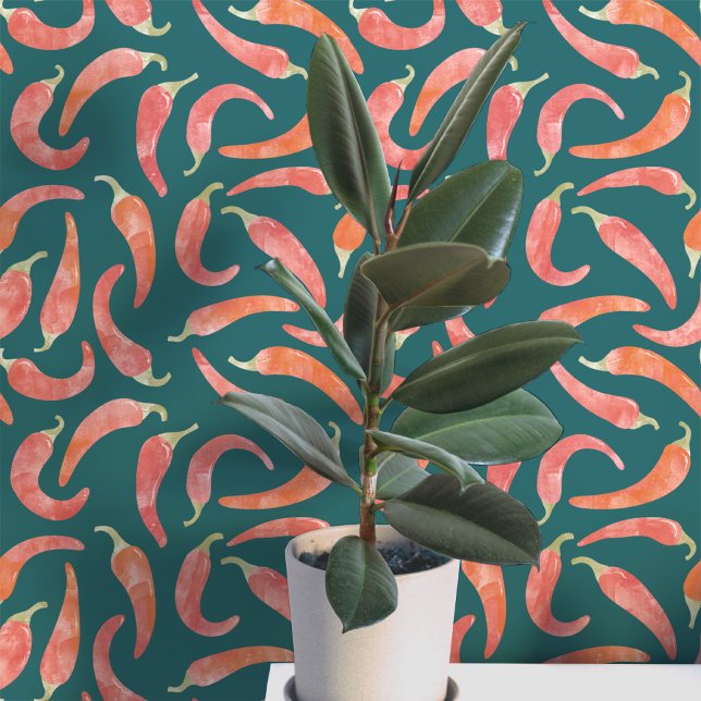 Papier Peint Aquarelle Piment Rouge Foncé (Hot and spicy watercolor red chili peppers on a dark teal green background. Peel and stick wallpaper)