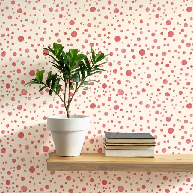 Papier Peint Aquarelle Points et points Crème rouge (Pretty red and cream dots and spots watercolor patterned art wallpaper)