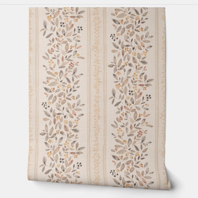 Papier Peint Aquarelle rayures florales chaud ocre brun (Déroulement)