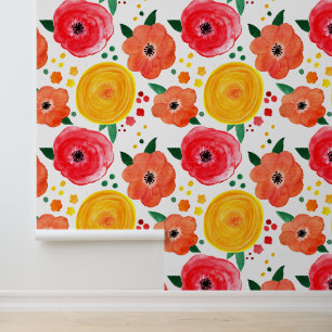 Papier Peint Aquarelle rose et jaune gai Floral