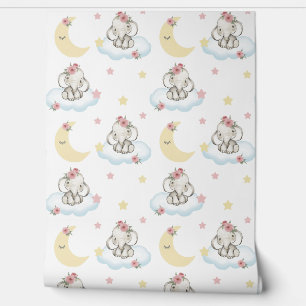 Papier Peint Aquarelle rose Floral Baby Eléphant Nuages Etoiles