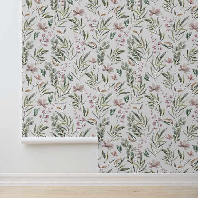 Papier Peint Aquarelle rose Floral Vert Feuillage Botanique (Application)