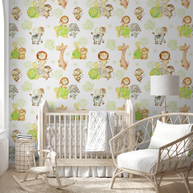 Papier Peint Aquarelle Safari Animaux Tropical Leaves Nursery (Enfants)