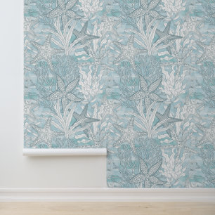 Papier Peint Aquarelle sous-marine Plantes Starfish Bleu Côte