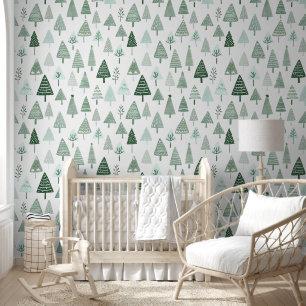 Papier Peint Arbres de Noël modernes Blanc et vert