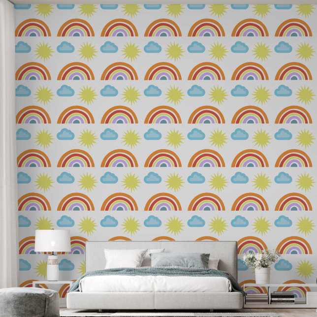 Papier Peint Arcs-en-ciel, nuages et soleil Motif (Chambre à coucher)