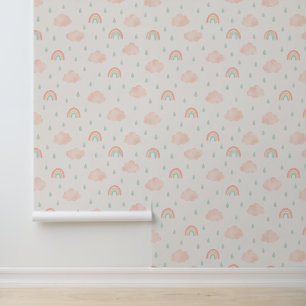Papier Peint Arcs-en-ciel pastel et motif de nuages roses