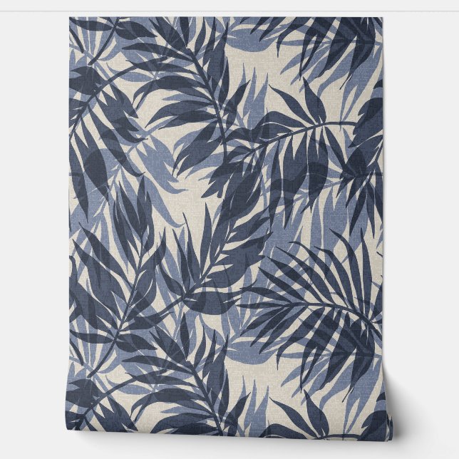 Papier Peint Areca Palms Hawaiian Tropical Vintage - Indigo (Déroulement)