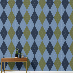 Papier Peint Argyle Classique Prépa Fumée Bleu, Marine Vert de