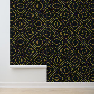 Papier Peint Art Déco Cercles Dorés Superposés sur Fond Noir
