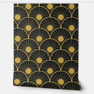 Papier Peint Art Déco élégant motif soleil doré sur fond noir